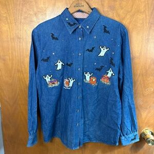 VINTAGE Halloween Embroidered Denim Button Up Denim Shirt Ghost Pumpkin Bat Y2K